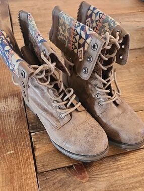 JustFab Tan Lace-Up Canvas Combat Boots with Patterned Cuff